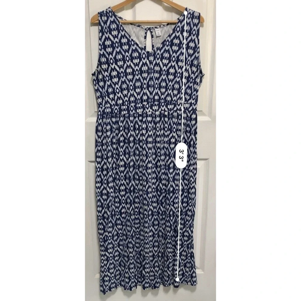 Old Navy Sleeveless Midi Dress 1X Plus Blue White‎ Ikat Geometric V-Neck Boho